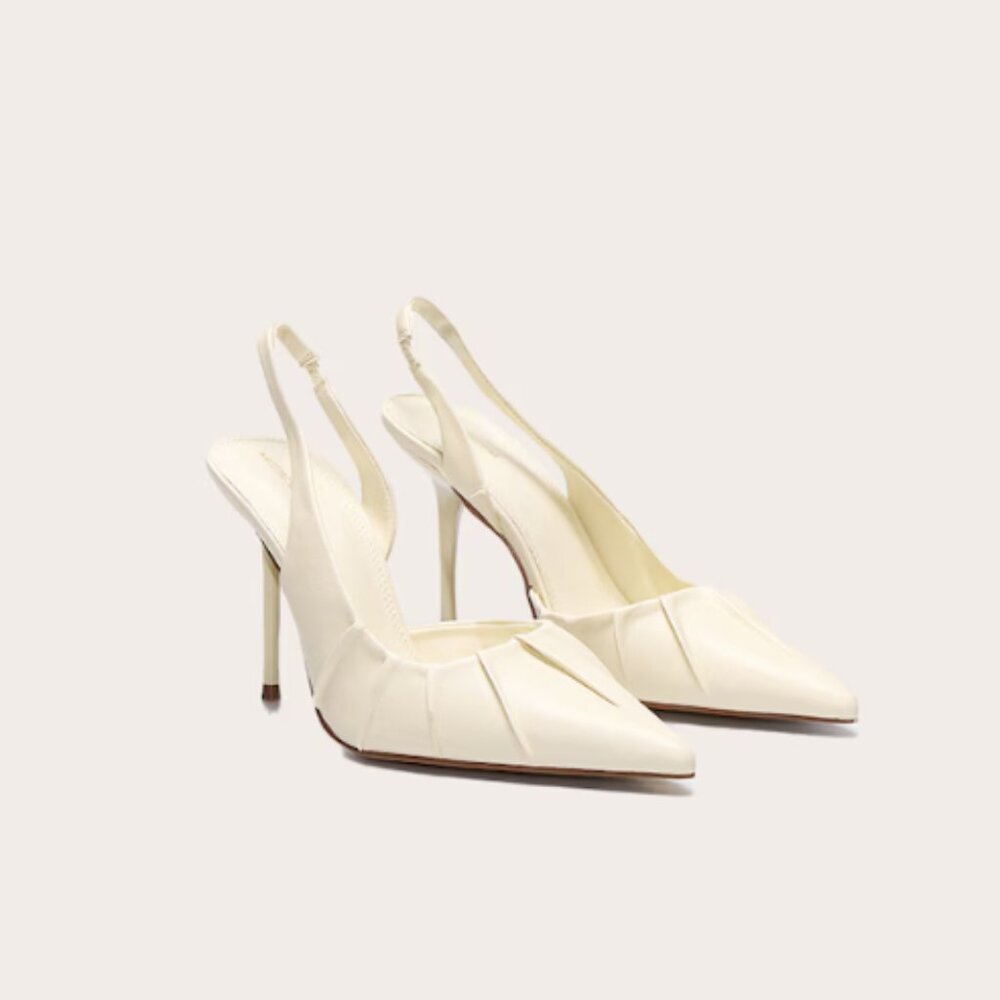 Butter Yellow Pu Point Toe Ruched Sling Back High Stiletto Heeled Courts
